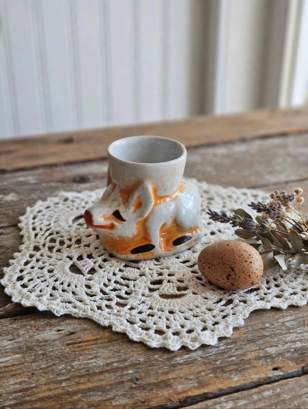 ​Vintage Kitschy Pig Ceramic Egg Cup / Toothpick Holder - Hand Painted